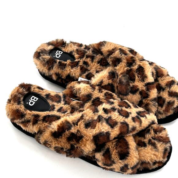 BP. Sophie Criss Cross Slippers 11 12 NWOT Plush Faux Fur Leopard Slides Slip On - Picture 5 of 7